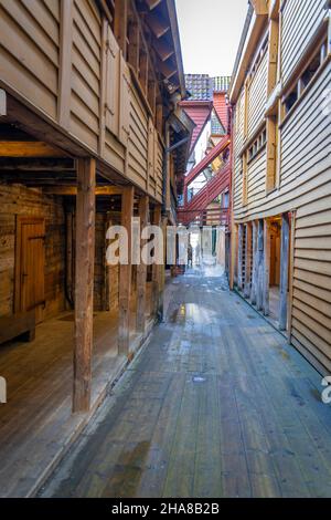 Bryggen, il centro storico molto interessante di Bergen, Norvegia Foto Stock