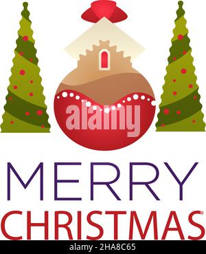 Biglietto d'auguri per la festa di Natale, bauble isolato a forma di casa, alberi di pino decorati. Natale e vacanza di nuovo anno in inverno, postcar Illustrazione Vettoriale