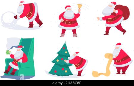 Preparativi per la celebrazione di Natale e Capodanno, isolato Babbo Natale con sacco di regali per Natale. Uomo che squilla campana, seduta in poltrona e re Illustrazione Vettoriale
