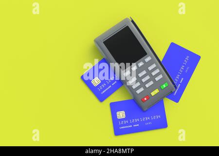 Registratore di cassa portatile con carta di credito in plastica su sfondo giallo. Spazio di copia. Vista dall'alto. 3d rendering Foto Stock