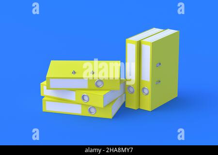 Cartelle di file Binder di colore giallo su sfondo blu. 3d rendering Foto Stock