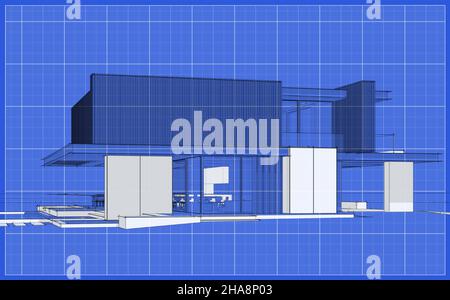 3d rendering di casa moderna e accogliente con parcheggio e piscina in vendita o in affitto con facciata in legno. Schizzo a linea nera con punto bianco e retro del blueprint Foto Stock