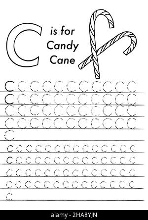Foglio di lavoro per il tracciamento ABC di Natale e Capodanno. Semplice gioco educativo stampabile con immagini e lettere da colorare. I bambini imparano le pagine. Illustrazione Vettoriale
