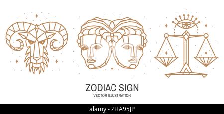 Set di astrologia zodiacale oroscopo segno libra, gemini, ariete disegno lineare. Illustrazione vettoriale. Elegante linea di arte simbolo o icona di libra, gemini Illustrazione Vettoriale