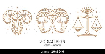 Set di astrologia zodiacale oroscopo segno libra, gemini, ariete disegno lineare. Illustrazione vettoriale. Elegante linea di simbolo o icona di libra, gemini, arie Illustrazione Vettoriale