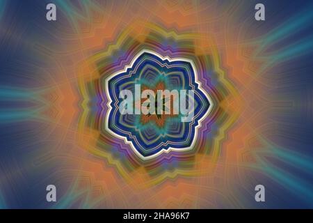 Arte digitale, illustrazione 3D, luminoso e colorato mandala geometrico in verde, arancione, turchese, viola, giallo e blu Foto Stock
