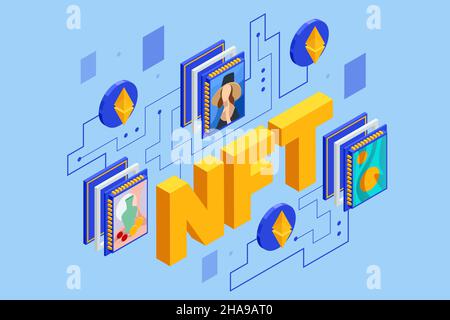 NFT isometrico il token non-fungibile è un'unità di dati univoca e non intercambiabile memorizzata su un blockchain di contabilità digitale. NFT di arte digitale, generativa Illustrazione Vettoriale