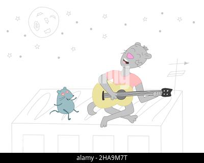 Una carina illustrazione di un gatto che canta, suona la chitarra e si siede sul tetto con un mouse. Amicizia e amore di un gatto e di un topo che cantano sotto t Illustrazione Vettoriale