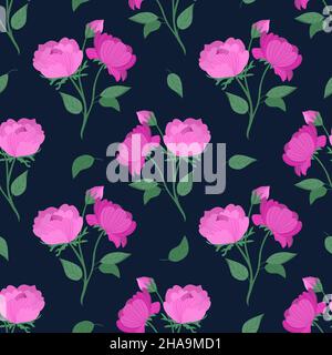Motivo vettoriale senza cuciture con peonie rosa su sfondo scuro. Motivo floreale con peonie. Illustrazione Vettoriale
