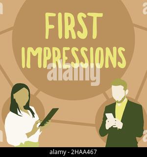 Testo che mostra le prime impressioni dell'inspirazione. Vetrina aziendale cosa pensa di voi quando vi incontrano per la prima volta Illustrazione dei partner che utilizzano Foto Stock