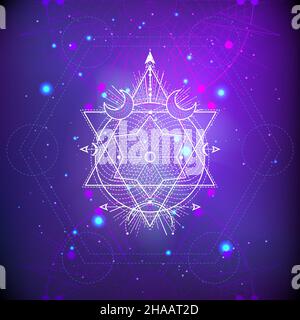 Illustrazione vettoriale del simbolo della geometria Sacra su sfondo astratto. Segno mistico disegnato in linee. Immagine di colore viola. Per voi disegno o artigianato magico Illustrazione Vettoriale