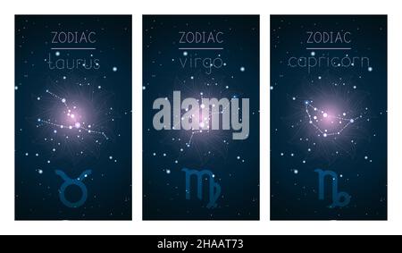 Set di tre carte con segni zodiacali, costellazioni astrologiche e astratto simbolo geometrico contro il cielo stellato. Raccolta della Terra Illustrazione Vettoriale