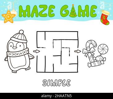 Gioco di puzzle del labirinto di Natale per i bambini. Semplice labirinto o labirinto gioco con pinguino di natale. Illustrazione Vettoriale