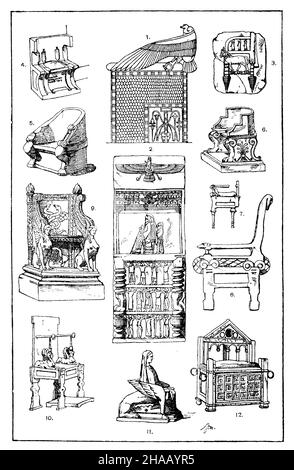 Sedia trono e poltrona: 1. Sedia egiziana a trono con ornamento di loto, i braccioli formati dalle ali del santo sparawk. (Teirich). 2. Antico trono reale persiano dopo un bassorilievo di Persepolis, con incoronazione simbolica, la rappresentazione di un re tron e schiavi portatori. (Ménard et Sauvageot). 3rd sede reale assira dopo un sollievo. (Ménard et Sauvageot). 4. Sede in marmo greco, accanto ad una porta nel tempio di Themis ad Atene. (Raguenet). 5. marble la cattedra del giudice greco (proedra). Si trova nella piazza del Prytaneum ad Atene. 6. poltroncina antica di una camera da bagno (sella b Foto Stock