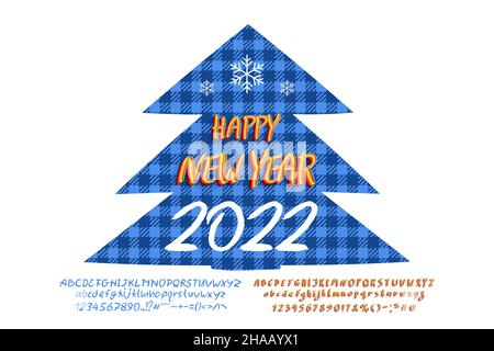 Albero di Natale con motivo plaid blu e testo felice anno nuovo 2022, decorazione di festa. Sono inclusi due set di font vettoriali. Illustrazione Vettoriale