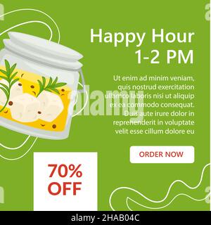 Happy hour e sconti su cibo e piatti vettore Illustrazione Vettoriale