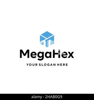 Logo esagonale MEGA con lettera piatta Illustrazione Vettoriale