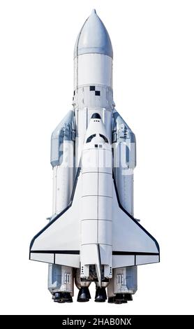 Nave spaziale Buran a Samara, Russia. Isolato su sfondo bianco Foto Stock