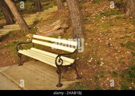 Panca parco cosparsa di sfondo autunnale. Panca di legno su uno sfondo di pino autunno. Foto Stock