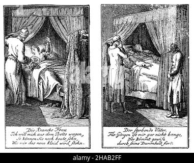 Due incisioni in copperplate per le favole di Gellert di Chodowiecki. Dal calendario genealogico della Prussia occidentale per l'anno 1777, , Chodowiecki, Daniel (libro di storia letteraria, 1910), Zwei Kupferstiche zu den Gellertschen Fabeln von Chodowiecki. Aus dem genealogischen Kalender für Westpreußen auf das Jahr 1777 Foto Stock