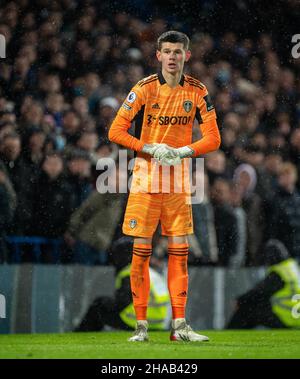 LONDRA, INGHILTERRA - DICEMBRE 11: Portiere Illan Meslier di Leeds durante la partita della Premier League tra Chelsea e Leeds United a Stamford Bridge o Foto Stock