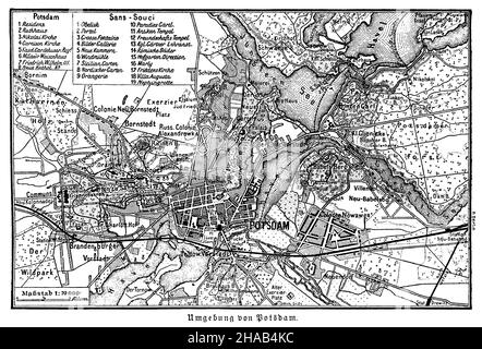 Mappa dei dintorni di Potsdam con Sanssouci, , (enciclopedia, 1888), Karte der Umgebung von Potsdam mit Sanssouci, carte des environs de Potsdam avec Sanssouci Foto Stock