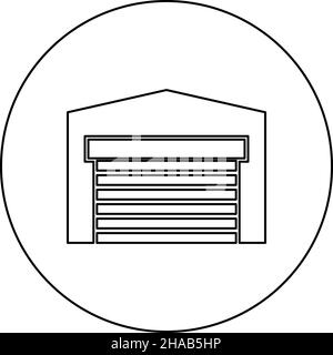 Porta garage per auto Roller shutter hangar magazzino icona in cerchio rotondo nero colore vettoriale immagine contorno linea sottile stile semplice Illustrazione Vettoriale