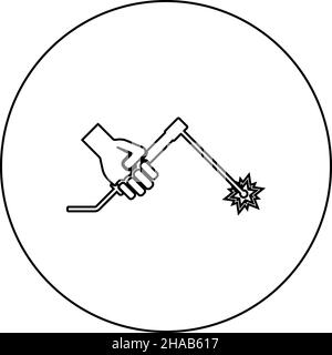 Saldatrice a mano torcia saldatrice icona a cerchio rotondo colore nero illustrazione vettoriale immagine contorno linea sottile stile semplice Illustrazione Vettoriale