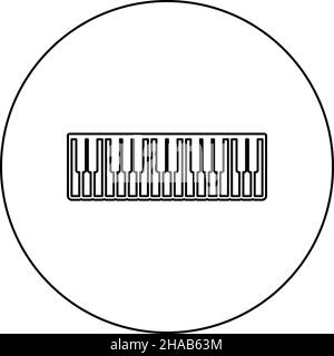 Pianino tasti musica avorio sintetizzatore icona in cerchio rotondo nero colore vettore illustrazione immagine contorno linea sottile stile semplice Illustrazione Vettoriale