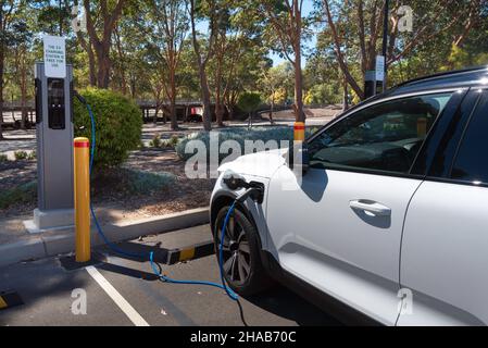 Un veicolo elettrico (EV) viene ricaricato in un parcheggio a Sydney, Australia presso la Macquarie University. Ricarica dell'auto EV Foto Stock