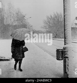 Olsztyn, 1969-11-05. Pierwszy œnieg w Olsztynie. Distanziatore per parasolem przysypan¹ œniegiem ulic¹ 22 Stycznia. mb PAP/Stanis³aw Moroz Olsztyn, novembre 5. 1969. Prima neve a Olsztyn. Nella foto: Camminando lungo la strada Stycznia coperta di neve del 22. mb PAP/Stanis³aw Moroz Foto Stock