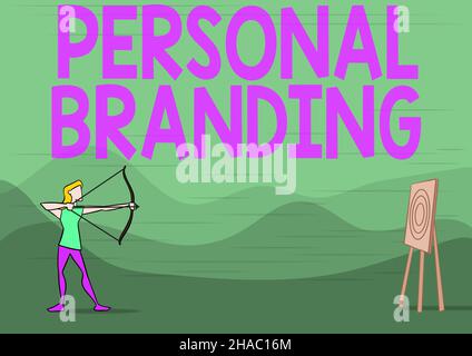 Testo della scrittura Branding personale. Panoramica aziendale Marketing se stessi e le loro carriere come marchi Lady Archer Illustration Holding Bow che mira per Foto Stock
