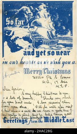 1941. 'Saluti dal Medio Oriente', messaggio di auguri di Natale Air Mail. Forze britanniche del Medio Oriente, Egitto. Passato e firmato dal censore. Inviato da un soldato MEF al suo fratello di 8 anni in Irlanda del Nord, promettendo di essere a casa per il prossimo Natale. Foto Stock