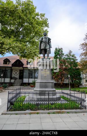 Statua di Deak Ferenc di fronte alla biblioteca della contea di Deak Ferenc a Zalaegerszeg, Ungheria Foto Stock