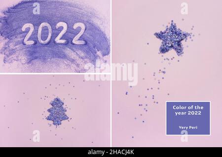 Collage da foto, viola viola alla moda colori 2022. Capodanno e Natale. Risplende su sfondo rosa. Foto Stock