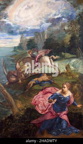 San Giorgio e il drago di Tintoretto (1518-1594), olio su tela, c.. 1555 Foto Stock