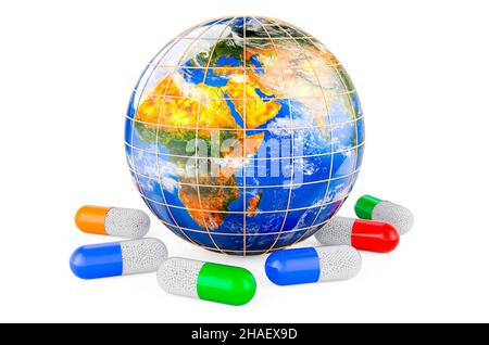Globo di terra con capsule di pillola. 3D rendering isolato su sfondo bianco Foto Stock