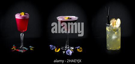 Una collezione di tre cocktail in diversi tipi di bicchieri isolati su sfondo nero Foto Stock