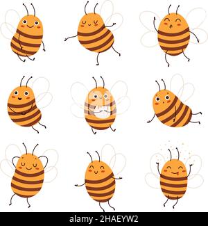 Ape cartoon. Simpatico divertente honeybee personaggi, diverse pose ed emozioni positive, insetto piuttosto a strisce con ali trasparenti, capretti adorabile scarabocchio Illustrazione Vettoriale