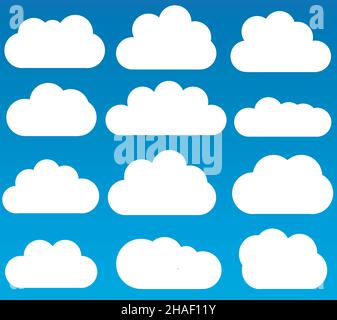 Icone vettoriali di nuvole isolate su sfondo blu sfumato, forme vettoriali di nuvole impostate Illustrazione Vettoriale
