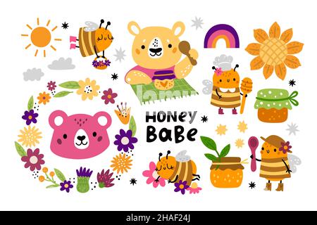 Cute api di miele. Personaggi divertenti per bambini. Animali cartoni animati e api da miele. Insetti volanti. Orsi con pentola e cucchiaio. Prodotti dolci naturali. Fiori e. Illustrazione Vettoriale