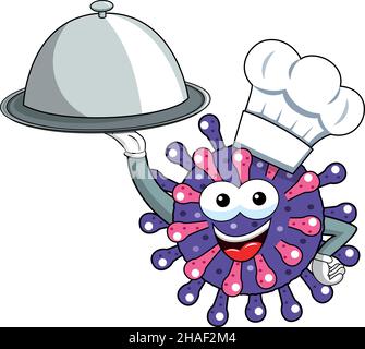 Cartoon mascot personaggio virus o batterio cuoco o piatto chef pasto isolato vettore illustrazione. Illustrazione Vettoriale