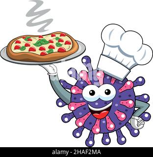 Cartoon mascot personaggio virus o batterio cuoco servire pizza isolato vettore illustrazione. Spazio di copia Illustrazione Vettoriale