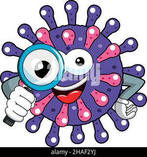 Cartoon mascot personaggio virus o batterio investigando lente di ingrandimento isolato vettore illustrazione. Illustrazione Vettoriale