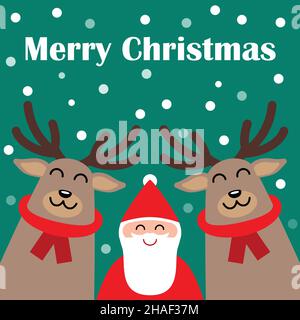 Allegro biglietto di auguri natalizio quadrato grafico con babbo natale e renna vettore illustrazione. Buona vacanza Illustrazione Vettoriale