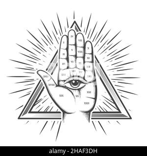 Tatuaggio di palma umana con tutti gli occhi di Provvidenza all'interno del triangolo. Illustrazione vettoriale. Illustrazione Vettoriale