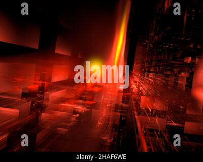 Sfondo rosso tecnologico con fuoco ed effetto prospettico - illustrazione 3D Foto Stock