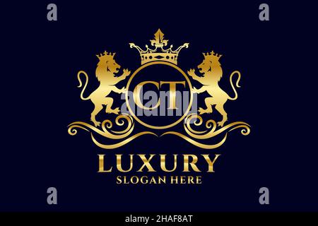 CT Letter Lion Royal Luxury Logo template in Vector art per progetti di branding di lusso e altre illustrazioni vettoriali. Illustrazione Vettoriale