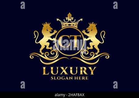 CT Letter Lion Royal Luxury Logo template in Vector art per progetti di branding di lusso e altre illustrazioni vettoriali. Illustrazione Vettoriale