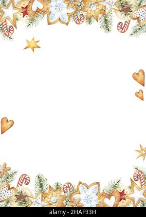 Natale e Capodanno tema festive card design con acquerello gingerbread cimini bordi ed elementi, tra cui stella, cuore, rotondo e fiocco di neve Foto Stock